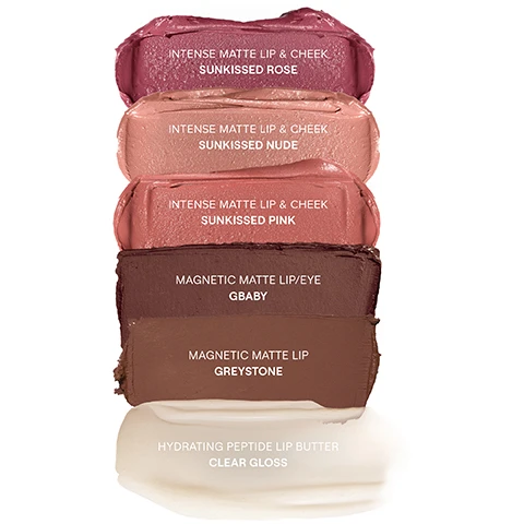Image 1 - A vertical arrangement of six swatches of lip and cheek products in various shades, with labels including Sunkissed Rose, Sunkissed Nude, Sunkissed Pink, GBAY, Greystone, and Clear Gloss at the bottom.
Image 10 - Image shows a dark brown makeup crayon labeled NUDESIX in the shade Gabby, alongside a swatch of the same color and text listing its features: waterproof, non-drying, lip staining, no feathering, long wearing, smudge-proof, multi-tasking cream formula (lipstick, lip liner, eye shadow, eye liner, blush, eye primer), magnetic matte finish, and on-the-go stick application.
Image 11 - A pink lipstick crayon next to a swatch of the same color, with text highlighting features such as waterproof, non-feathering, non-bleeding, non-drying, and long wear for 6 hours, as well as describing it as a 3-in-1 multi-tasking cream formula for lips and cheeks.
Image 12 - A cream tube labeled NUDESTIX is displayed alongside a creamy product swatch, with statistics indicating peptides increase hyaluronic acid by up to 101%, locks in moisture up to 50%, enhances lip matrix by up to 130% collagen I, and lip plumping increase by up to 15%.
Image 13 - An open tin contains a selection of six cosmetic products, including lip and eye pencils, next to a mirror, with text stating Every palette comes with a tin, Join a small movement & make a big difference, Reuse your tin: Organize your products & touch up makeup on the go. Other things to store in your tin: jewelry, headsets, etc. and Recycle with us: Tinplate is the most infinitely recyclable material in the world, that can be recycled into useful industrial products.
Image 2 - A collage of six images showing various lip products applied to lips, featuring shades labeled as Intense Matte Up + Cheek Sunkissed Rose, Intense Matte Up + Cheek Sunkissed Nude, Intense Matte Up + Cheek Sunkissed Pink, Magnetic Matte Lip Eye Gaby, Magnetic Matte Lip Eyeliner Greystone, and Hydrating Peptide Lip Butter Clear Gloss.
Image 3 - Image features two close-up portraits of lips showcasing the Intense Matte Lip & Cheek product in the shade Sunkissed Rose, with text above stating INTENSE MATTE LIP & CHEEK and SHADE SUNKISSED ROSE, and a note that the product is SHOWN WITH CLEAR LIP BUTTER at the bottom.
Image 4 - Image shows two close-up views of lips with matte lipstick applied; the top section displays a swipe of lipstick above the text INTENSE MATTE LIP & CHEEK and the bottom section features two different lip colors with a pencil applicator, along with the text *SHADE: SUNKISSED NUDE.
Image 5 - A split image showing two close-up views of lips; the left side features a person applying a pink lip product with a pencil, while the right side displays the finished matte lip look, labeled as INTENSE MATTE LIP & CHEEK in the shade SUNKISSED PINK.
Image 6 - Close-up image of a pair of lips with a matte brown lip color, with text at the top reading MULTI-TASKING LONGWEARING (11HRS) MAGNETIC LIP & EYE COLOR and the shade listed as GBABY.
Image 7 - Close-up of lips wearing a matte brown lip color with visible text stating MULTI-TASKING LONGWEARING (11HRS) MAGNETIC LIP COLOR and SHADE: GREYSTONE.
Image 8 - Close-up images of three different lips showcasing a glossy lip product with the text Hydrating Peptide Lip Butter and Shade: Clear Gloss.
Image 9 - Three hands are shown with various swatches of makeup applied to their wrists, featuring labels on the left side indicating the shades: Gravy, Greystone, Sunkissed Rose, Sunkissed Nude, Sunkissed Pink, and Clear Gloss.