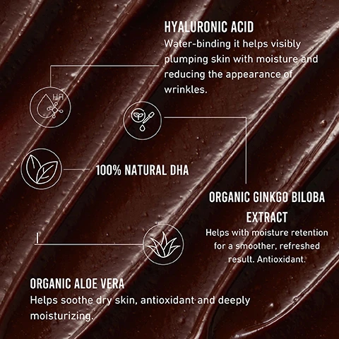 Image 1 - A close-up of textured, dark brown skincare product with labels describing key ingredients: Hyaluronic Acid, 100% Natural DHA, Organic Ginkgo Biloba Extract, and Organic Aloe Vera, along with their benefits for the skin.
Image 2 - Image displays a model wearing a brown strapless bikini top and matching bikini bottom, divided into two sections labeled Before on the left and After on the right.
Image 3 - A woman is modeled in a brown strapless bikini, showcasing her tan skin, with text on the image stating: tints the skin instantly into a deep, golden tan, perfect for medium and dark skin tones, fades perfectly like a natural tan, organic and natural ingredients.
Image 4 - A person with tanned skin is applying a self-tanning product on their thigh using a brown mitt, and the image includes instructions for use divided into four steps: Step 1 - Ensure skin is clean and exfoliated, do not apply any moisturiser; Step 2 - Squeeze product onto mitt, apply in long circular movements; Step 3 - Gently buff hands, feet, knees and elbows with clean side of mitt; Step 4 - Leave for 6-8 hours before showering. Rinse and pat dry.
Image 5 - Image of two brown tubes of tanning lotion with the text REAL REVIEWS and five stars at the top, followed by customer testimonials about the product stating positive experiences with ease of use and skin compatibility.