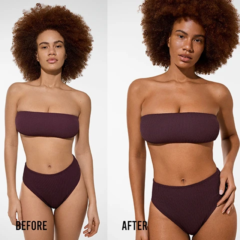 Image 1 - A woman with curly hair is shown in two side-by-side images wearing a strapless dark purple bikini; the left side is labeled BEFORE and the right side is labeled AFTER.
Image 2 - A woman is wearing a dark purple ribbed bikini top and high-waisted bottoms, with text highlighting features such as quick drying formula, instant tinted colour, perfect for pale-deep skin tones, and great for dry skins.
Image 3 - An image shows a close-up of a tanned leg with a tanning mitt applying a brown lotion, accompanied by step-by-step instructions on how to use the tanning product, including HOW TO USE, STEP 1: Exfoliate skin prior to application to for a smooth, clean base., STEP 2: Using our tanning mitt, apply our lotion to the skin. Start at your ankles and work your way upwards., STEP 3: Allow the tan to work her magic up to 8h., and STEP 4: Rinse off in the shower and glow!.
Image 4 - Image features a close-up of a dark, textured surface with four circular icons and text blocks describing ingredients: Hyaluronic Acid, 100% Natural DHA, Organic Ginkgo Biloba Extract, and Organic Aloe Vera, with corresponding benefits listed for each ingredient.
Image 5 - Image of two tubes of VITA LIBERATA tinted lotion on a neutral background with visible text that reads: REAL REVIEWS ★★★★★ “LOVE THIS TAN, GOES ON SO EASY NO STREAKS AND THE COLOUR IS AMAZING, EVEN STARTED USING ON MY FACE SO FAR SO GOOD” “I USE IT EVERYDAY INSTEAD OF MAKEUP! OTHER SELF TANNERS USED TO MAKE ME BREAK OUT BUT THIS ONE DOESN’T DO THAT AT ALL.”