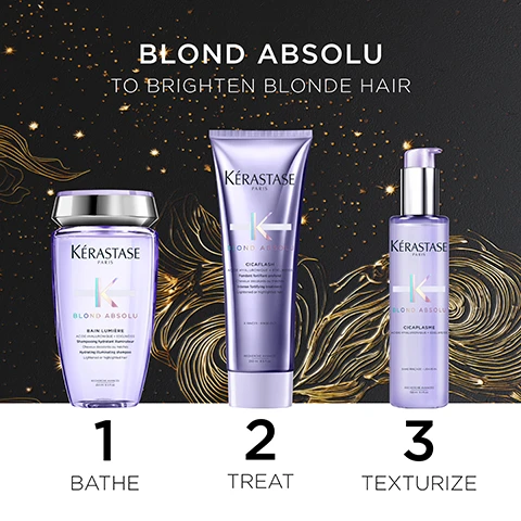 Image 1 - Image of three Kérastase hair care products labeled Blond Absolu with text reading TO BRIGHTEN BLONDE HAIR, featuring 1 BATH, 2 TREAT, and 3 TEXTURIZE below each product.
Image 2 - A sleek black box featuring golden swirls and the text Kérastase Paris Blond Absolu, with icons indicating it is made of 89% recycled fibers, is recyclable, and certified by FSC.