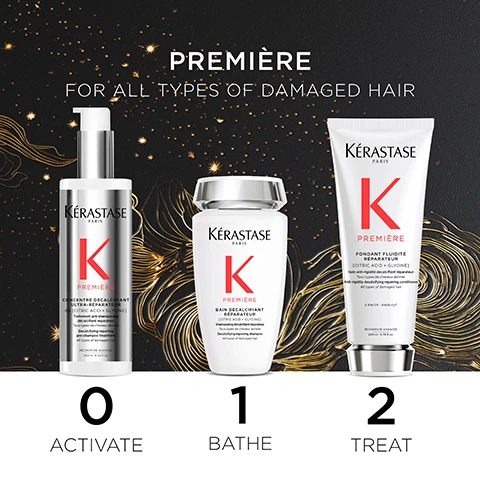 Image 1 - Image shows three hair care products arranged on a dark background with golden floral designs, labeled PRÉMIÈRE FOR ALL TYPES OF DAMAGED HAIR, featuring K ÉKARASTASE PARIS, a liquid pump bottle labeled 0 ACTIVATE, a round container labeled 1 BATHÉ, and a tube labeled 2 TREAT.
Image 2 - A woman with long, wavy red-brown hair is looking directly at the camera, wearing a white top, with hair care products from the brand Kérastase displayed beside her, accompanied by promotional text about the product benefits such as recreating hair strength and freeing hair from calcium buildup.
Image 3 - A black box with gold swirling designs, featuring the text Kérastase Paris and labels indicating sustainable packaging, stating box made of 89% recycled fibers, recyclable, and FSC certified.