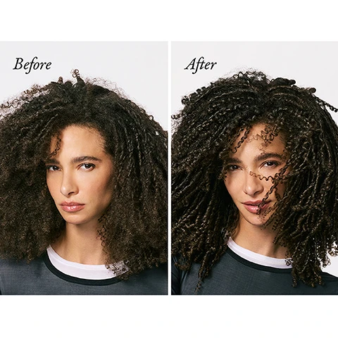 Image 1 - A split image shows a woman with frizzy hair on the left labeled Before and the same woman with defined curls on the right labeled After. Image 2 - Split image showing a woman with frizzy hair labeled Before and smooth hair labeled After. Image 3 - A bottle of Oribe Gold Lust Restorative Night Crème for Hair with text Gold Lust Restorative Night Crème for Hair Helps reverse up to 2 years of damage¹ Helps repair up to 98% of split ends overnight².