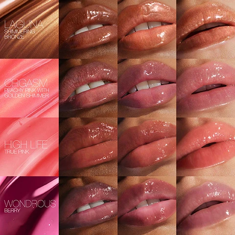 Image 1 - A grid of four rows showing close-up images of lips in different shades: the top row features a shimmering bronze labeled Laguna, the second row shows a peachy pink with golden shimmer labeled Orgasm, the third row displays a true pink labeled High Life, and the bottom row showcases a berry shade labeled Wondrous.
Image 2 - A hand with bright red nails holds two lip products on a blue background, with text that reads LONG-LASTING HYDRATION, NOURISHES AND SOFTENS LIPS, and COMFORTABLE, SHEER COLOR.