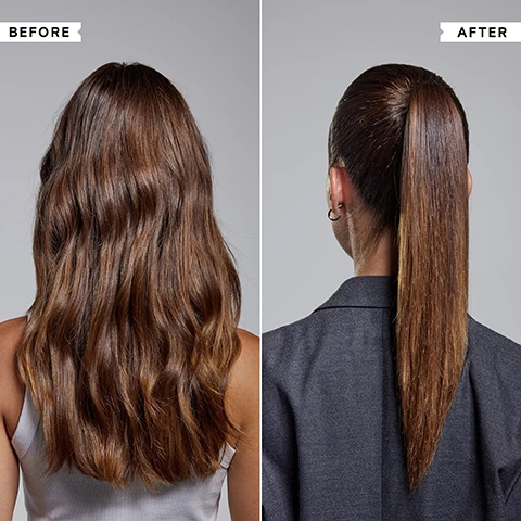 Image 1 - A before and after image showing a person from behind, on the left with long wavy light brown hair labeled BEFORE, and on the right with the same hair styled into a sleek high ponytail labeled AFTER. Image 2 - A white tube of Philip Kingsley Elasti-Styler 5-IN-1 Treatment, also labelled multi-tasker for all hair types, soin multi-actif pour tous types de cheveux, TRAITEMENT 5-EN-1, 40ml 1.35 fl oz, is displayed next to a list of its benefits: Smoothing, leave-in anti-frizz treatment; Strengthens and conditions hair; Adds elasticity and bounce; Leaves hair soft, shiny and silky. Image 3 - A hand holds a white spray bottle with a blue label that reads PHILIP KINGSLEY STYLING PERFECTING PRIMER HEAT PROTECTION SPRAY SPRAY THERMO-PROTECTEUR 60ml 2.02 fl oz, next to text that lists PERFECTING PRIMER HEAT PROTECTION SPRAY The ultimate multi-tasking blow dry spray Heat protection Lasting volume and control Helps create frizz-free, smooth, shiny styles. Image 4 - A hand holds a small white and blue Philip Kingsley Styling Frizz-Fighting Gloss Smoothing Serum tube, with product information and benefits listed next to it: FRIZZ-FIGHTING GLOSS SMOOTHING SERUM, Heat protection up to 190°C, Adds mirror-like shine for vibrancy, Eliminates frizz for smooth, silky locks.