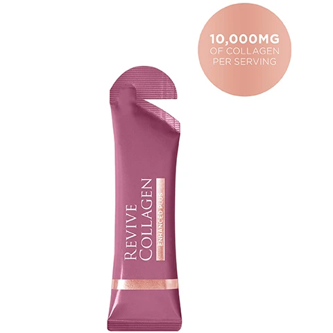 Image 1 - A single pink sachet for Revive Collagen Enhanced Plus is shown, with a circular graphic stating 10,000MG OF COLLAGEN PER SERVING. Image 2 - A pink and purple background features a sachet of Revive Collagen Enhanced Plus product, an orange liquid spill, a liquid bead, and text describing product benefits: Revive Collagen Enhanced Plus, World-first collagen supplement for radiant skin & healthy hair. Packed with 10,000mg of Type 1 Marine Collagen. Hydrolysed Keratin - Helps promote healthy, strong hair. Retinol - Boosts collagen production & skin renewal for a radiant complexion. 100% Vitamin B6 & B12 - Helps reduce tiredness & fatigue. 100% Vitamin C & D - Powerful antioxidant that helps aid in collagen production & works to brighten the skin. Great-tasting Tropical flavour! Image 3 - A split image shows a persons temple and hairline before and after hair treatment, with the left side labeled BEFORE depicting thinner hair and a more visible scalp, and the right side labeled AFTER showing significantly thicker and fuller hair. Image 4 - An image comparing a single dark pink Revive Collagen Intense Day sachet to twenty white collagen tablets, with text stating that 1 Revive Collagen Sachet has a 90% to 95% Absorption Rate, which equals 20 Collagen Tablets having a 30% to 40% Absorption Rate. Image 5 - An infographic explains HOW COLLAGEN IMPACTS OUR SKIN, featuring a bar chart that shows COLLAGEN LEVELS IN THE BODY (%) decreasing from approximately 100% at AGE 20 to 20% at AGE 60, and three diagrams illustrating OUR SKIN AS WE AGE at 35 YEARS, 45 YEARS, and 55 YEARS, depicting the progressive reduction of HYALURONIC ACID, COLLAGEN, and ELASTIN components within the EPIDERMIS, DERMIS, and SUBCUTANEOUS FAT layers, and the emergence of wrinkles. Image 6 - A pink sachet of Revive Collagen Enhanced Plus lies on a pink surface next to four clear golden droplets, with a CEW UK Beauty Award Winner 2024 badge in the top left corner.