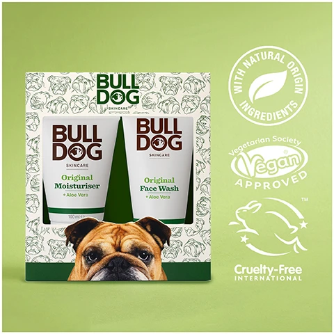 Image 1 - A Bulldog Skincare gift box containing Original Moisturiser and Original Face Wash, featuring a bulldog face graphic and logos for WITH NATURAL ORIGIN INGREDIENTS, Vegetarian Society Vegan APPROVED, and Cruelty-Free INTERNATIONAL. Image 2 - Close up of an aloe vera leaf with liquid, with the text Aloe Vera Unlock the true potential of natural origin ingredients Cleanse & Hydrate. Image 3 - Two tubes of Bulldog Skincare Original Moisturiser and Original Face Wash on a green background with text BULLDOG SKINCARE Original Moisturiser + Aloe Vera 100ml e, BULLDOG SKINCARE Original Face Wash + Aloe Vera 150ml e, Moisturiser 24 Hour Hydration, Face Wash Cleanses & Refreshes, Gift Set Includes. Image 4 - A hand squeezes Bulldog Skincare Original Moisturiser onto another hand, with text on the tube BULLDOG SKINCARE Original Moisturiser + Aloe Vera 24hr Hydration 96% Natural Origin Recycled 100 ml e and overlaid text Normal To Dry Skin. Image 5 - A Bulldog Skincare gift box is shown with Original Moisturiser and Original Face Wash tubes, a bulldog peeking over the box, and the text #ProtestPointlessGifts.