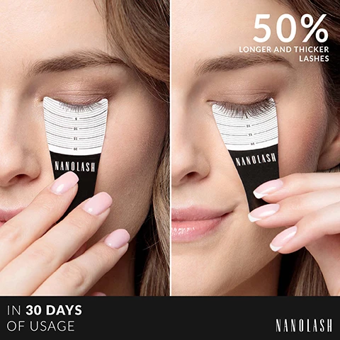 Image 1 - A split image shows a womans eye with a lash measuring tool before and after use, with visible text that reads NANOLASH 50% LONGER AND THICKER LASHES IN 30 DAYS OF USAGE NANOLASH. Image 2 - A woman holds a Nanolash eyelash serum tube near her face with arrows indicating lash growth and text that says 50% LONGER LASHES, NANOLASH EYELASH SERUM, and NANOLASH. Image 3 - A smiling woman holds a Nanolash product tube next to her face with text that reads NANOLASH UP TO 50% LONGER 30 DAYS Eyelashes longer by up to 50% in just 30 days Promotes eyelash hair growth Lengthens thickens and darkens the lashes NANOLASH. Image 4 - A woman applying lash serum to her eyelid with text 2x LASH VOLUME NANOLASH NANOLASH.
