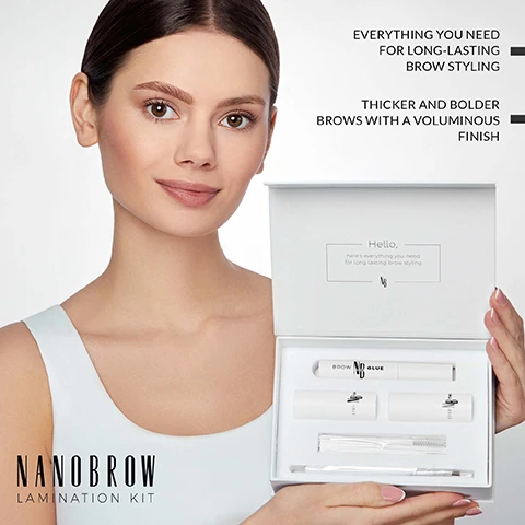 Image 1 - A woman holds an open white box displaying the Nanobrow Lamination Kit with the visible text Nanobrow Lamination Kit, Everything You Need For Long-Lasting Brow Styling, Thicker And Bolder Brows With A Voluminous Finish, Hello. heres everything you need for long lasting brow styling, Brow Nd Glue, Step 1, and Step 2. Image 2 - Image shows a woman holding Nanobrow Lamination Kit products including a Brow Glue tube and two small bottles labeled Step One and Step Two, with other kit components and the box displayed featuring the text Nanobrow Lamination Kit, A Complete Kit For Perfect Eyebrow Lift And Lami, and Camouflaging The Gaps And Creating A Thicker Look. Image 3 - Woman holding a white box of brow lamination products with visible text HOW DOES NANOBROW LAMINATION KIT WORKS? everything you need for keeping your brows shaped and styled precisely shaped brows without touch-ups for many weeks! perfect for brow profesionals and for home use thicker and bolder brow appear fuller and more voluminus NANOBROW LAMINATION KIT A COMPLETE SET FOR PERMANENT EYEBROW LIFT AND LAMINATION BROW GLUE LIFTING LOTION FIXER BROW LIFT BRUSH APPLICATOR SET NANOBROW LAMINATION KIT. Image 4 - A smiling woman applies eyebrow glue from a tube with a brush applicator, with a box of product kits in the foreground and text NANOBROW LAMINATION KIT EFFICIENT, PRECISE, AND EASY TO USE EFFECT LASTS FOR UP TO 6 WEEK PRACTICAL BROW LIFT AND LAMINATION KIT BROW GLUE. Image 5 - A complete Nanobrow Lamination Kit is shown with products, step-by-step illustrations for brow lamination including timings Glue 25-50s Bottle Step One 5-8 min and Bottle Step Two 5-8 min, and before and after photos of eyebrows, with the text Nanobrow Lamination Kit The Easiest Brow Lamination With The Nanobrow Kit! EFFECT! and A Complete Set For Pros Brow Lift And Lamin.