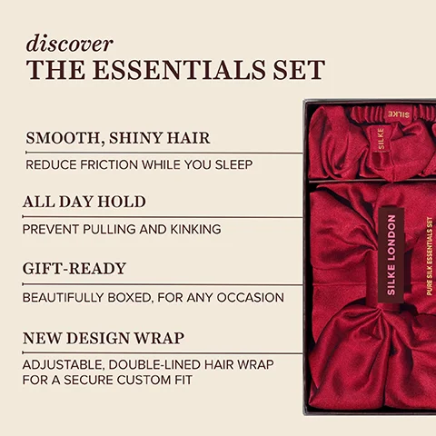 A product advertisement displays features on the left and a black box containing a red silk hair wrap and scrunchie on the right, with text that reads: discover THE ESSENTIALS SET, SMOOTH, SHINY HAIR, REDUCE FRICTION WHILE YOU SLEEP, ALL DAY HOLD, PREVENT PULLING AND KINKING, GIFT-READY, BEAUTIFULLY BOXED, FOR ANY OCCASION, NEW DESIGN WRAP, ADJUSTABLE, DOUBLE-LINED HAIR WRAP FOR A SECURE CUSTOM FIT, SILKE, SILKE LONDON, PURE SILK ESSENTIALS SET.
