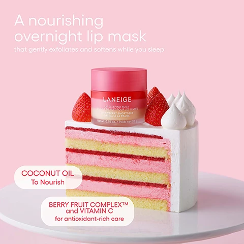Image 1 - A pink-lidded lip mask jar sits on a slice of strawberry shortcake, adorned with strawberries and cream dollops, against a pink background, with text reading A nourishing overnight lip mask that gently exfoliates and softens while you sleep. LANEIGE LIP SLEEPING MASK MASQUE DE NUIT POUR LES LÈVRES STRAWBERRY SHORTCAKE GÂTEAU À LA FRAISE Net wt. 0.70 oz. / Poids net 20 g. COCONUT OIL To Nourish. BERRY FRUIT COMPLEX™ and VITAMIN C for antioxidant-rich care. Image 2 - The image displays a promotional graphic for a triple-layered lip sleeping mask, showing three applicators with distinct colors and textures, alongside text that reads Your Favourite Lip Sleeping Mask, Now triple-layered with 3 new flavours!, and labels for the individual layers: TOP Fresh Berry, MIDDLE Strawberry Cream, and BOTTOM Vanilla Cake. Image 3 - A pink and red Laneige Lip Sleeping Mask jar sits atop a decorative strawberry shortcake with layers of pink mousse, yellow sponge, red jelly, and whipped cream, displaying the text 3 FLAVORS IN 1 JAR FOR DELIGHTFUL 8-HR HYDRATION, LANEIGE LIP SLEEPING MASK MASQUE DE NUIT POUR LES LÈVRES STRAWBERRY SHORTCAKE GÂTEAU À LA FRAISE .70 oz. / Poids net 20 g, and on the cake, LANEIGE LIP SLEEPING MASK.