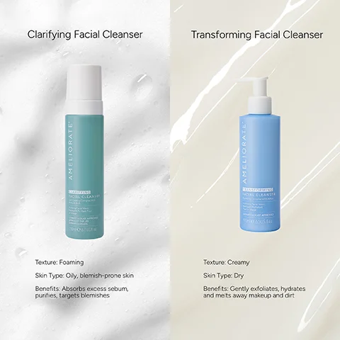 Image 4 - The image shows two bottles of facial cleanser side by side: on the left, a teal bottle with a white pump cap, and on the right, a light blue bottle with a white pump dispenser; the visible text in the image is Clarifying Facial Cleanser, AMELIORATE CLARIFYING FACIAL CLEANSER Skin purifying complex with salicylic acid 200mle 6.7US fl oz, Texture: Foaming, Skin Type: Oily, blemish-prone skin, Benefits: Absorbs excess sebum, purifies, targets blemishes; Transforming Facial Cleanser, AMELIORATE TRANSFORMING FACIAL CLEANSER Skin conditioning complex with nourishing oils 200mle 6.7US fl oz, Texture: Creamy, Skin Type: Dry, Benefits: Gently exfoliates, hydrates and melts away makeup and dirt.