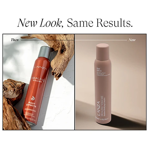 Image 1 - The image shows a side-by-side comparison of hair product packaging with the headline New Look, Same Results, depicting on the left a metallic orange can labeled Then: LANZA HEALING VOLUME ROOT EFFECTS Density-Boosting Mousse, and on the right a matte light pink can labeled Now: Root Effects Density-Boosting Mousse LANZA HEALING VOLUME Bamboo Bodifying Complex. Image 2 - A split image shows a woman with shoulder-length, wavy brown hair, with the left side showing her hair appearing less voluminous and the right side showing her hair with more volume and defined waves, with the text BEFORE on the left panel and AFTER on the right panel.
