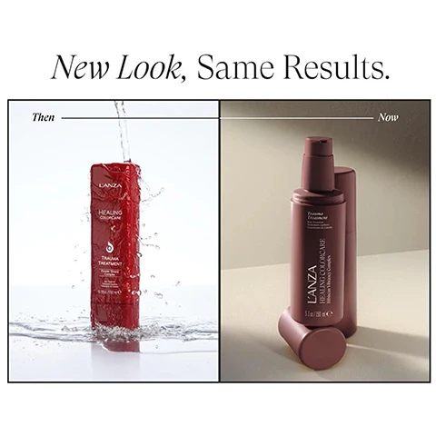 Image 1 - The image is a split comparison titled New Look, Same Results, showing on the left a red LANZA HEALING COLORCARE TRAUMA TREATMENT bottle, Keratin Bond Complex, 5.1 fl oz / 150 ml e, with water splashing, and on the right two dark pink LANZA HEALING COLORCARE Trauma Treatment bottles, Hibiscus Vibrancy Complex, 5 fl oz / 150 ml e, one upright with a pump and one lying down. Image 2 - A split image shows a womans hair before and after treatment, with the Before side on the left displaying duller, warmer-toned blonde hair and the After side on the right showing shinier, cooler-toned blonde hair; a LANZA HEALING COLORCARE Power Protector bottle is in the bottom right corner, and text reads Before, After, Strengthens hair by more than 150%*, Retains 85% more color*, and *Based on comparative testing of similar professional treatment products in an ex-vivo clinical study. Image 3 - The back of a person with reddish-brown hair in a low bun and a gold hoop earring is visible next to a pink LANZA Healing Colorcare Trauma Treatment bottle; the image text includes Trauma Treatment, LANZA, HEALING COLORCARE, Hibiscus Vibrancy Complex, 1.7 fl oz / 50 ml e on the bottle, and product claims Strengthens Hair By More Than 150%*, Retains 85%* More Color, with fine print *Based on comparative testing of 5 similar salon professional treatment products in an ex-vivo clinical study.