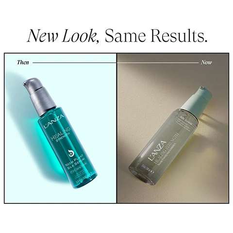 Image 1 - A split image showing two hair serum bottles side-by-side, the left one is a teal bottle with a silver pump and the right one is a clear bottle with a light green pump, with visible text New Look, Same Results. Then LANZA HEALING STRENGTH NEEM PLANT SILK SERUM 3.4 FL OZ / 100 ML. Now Silk Serum LANZA HEALING STRENGTH Neem Fortifying Complex 3.4 FL OZ / 100 ML. Image 2 - A before and after image showing hair, with the left side displaying dull, slightly frizzy dark brown hair and the right side showing shiny, defined wavy dark brown hair with warm highlights, labeled BEFORE and AFTER, with additional text *When compared to color treated hair with non-conditioning shampoo. **Resulting in a reduction of breakage during styling when compared to color treated hair with non-conditioning shampoo.
