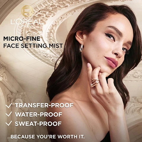 Image 1 - A woman with dark hair and makeup poses looking at the viewer, wearing a gold ring and silver earrings, with the text LORÉAL PARIS, MICRO-FINE FACE SETTING MIST, TRANSFER-PROOF, WATER-PROOF, SWEAT-PROOF, BECAUSE YOURE WORTH IT. Image 2 - Two women, one with dark curly hair and another with straight brown hair, pose against a dark background with the woman on the left holding a red LOreal Infallible 3-Second Setting Mist bottle, and visible text states FOR ALL SKIN TYPES, LORÉAL PARIS, INFALLIBLE, 3-SECOND SETTING MIST, 36H NO TRANSFER. Image 3 - A woman with closed eyes sprays a red bottle releasing a fine mist onto her face, with text that reads WIDE AND EVEN APPLICATION and 1 SPRAY COVERS ENTIRE FACE.